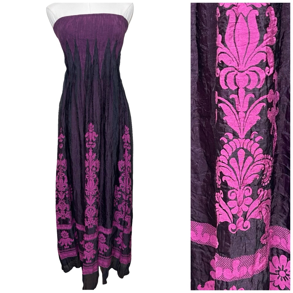 Vintage Lapis Purple Black Floral Print Strapless Maxi Dress‎ OS Y2K Boho